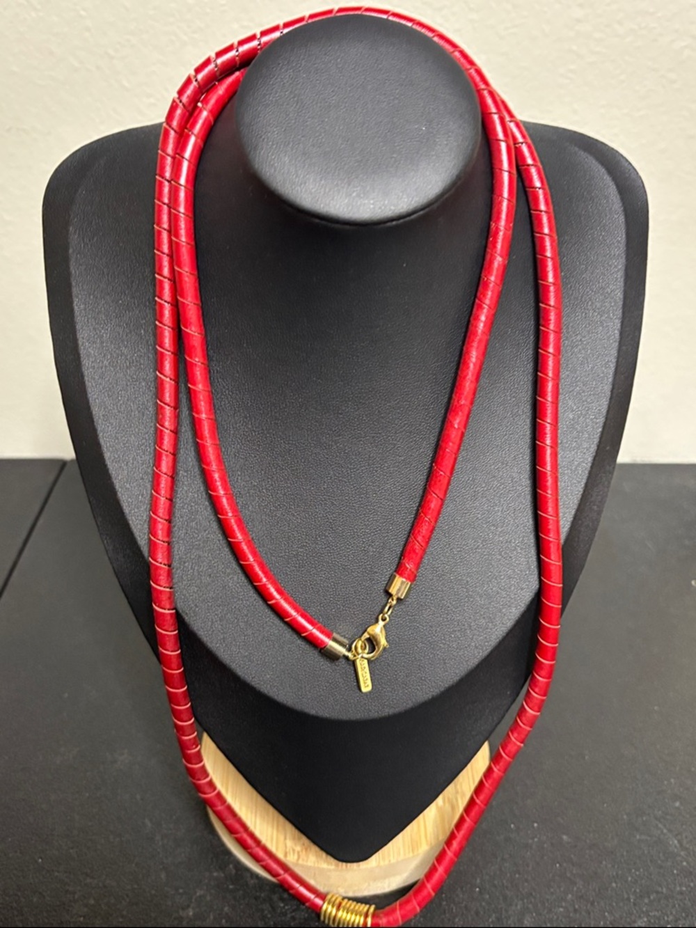 Hagar Satat Wrapped Long Red Leather Gold Tone Necklace